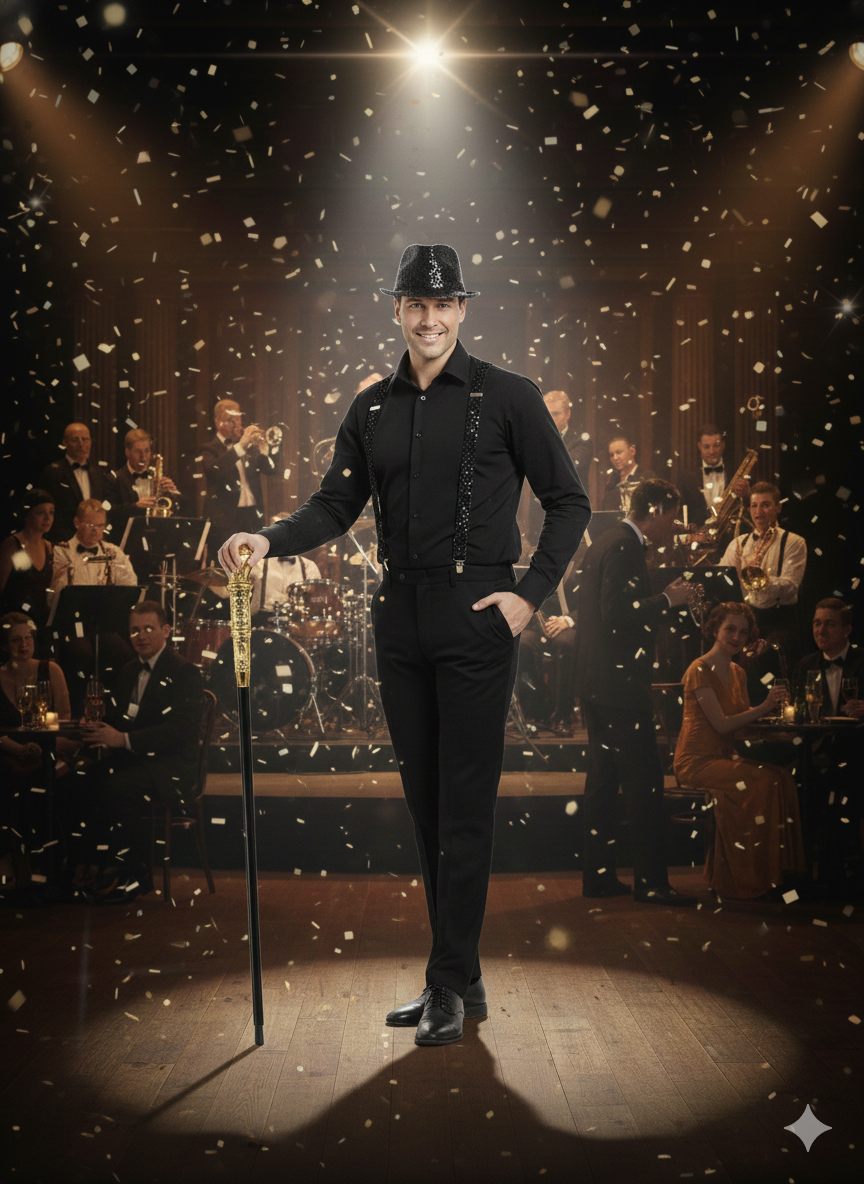 labreeze Black Sequin Gangster Hat with Matching Braces and Gold Pimp Stick – Adult Christmas Fancy Dress Accessory Set