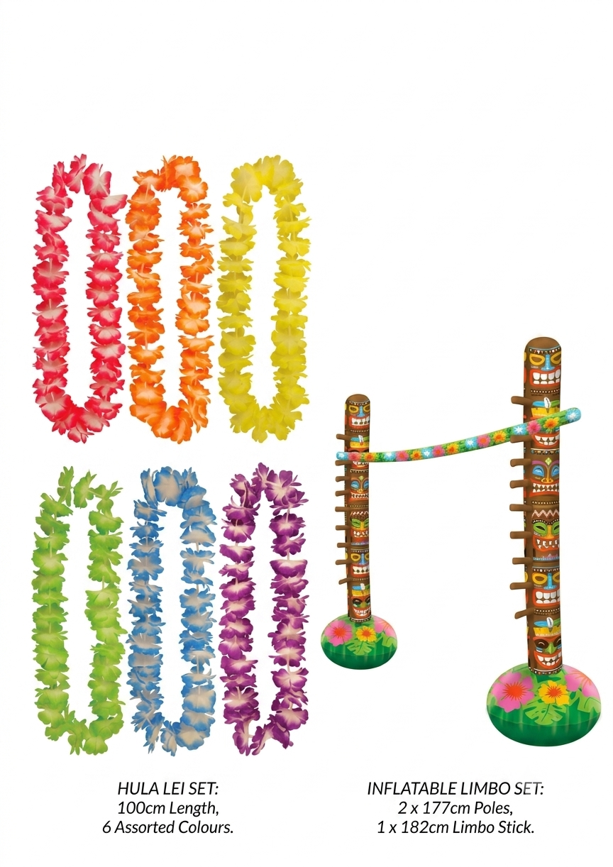 labreeze Inflatable Limbo Set with 3 Pieces & Hula Lei Set – 6 Pack 100cm Hawaiian Flower Leis for Tropical Parties