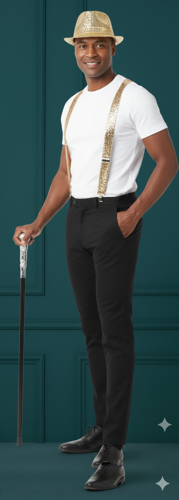 labreeze Gold Sequin Gangster Hat with Matching Braces and Silver Pimp Stick – Adult Christmas Fancy Dress Accessory Set