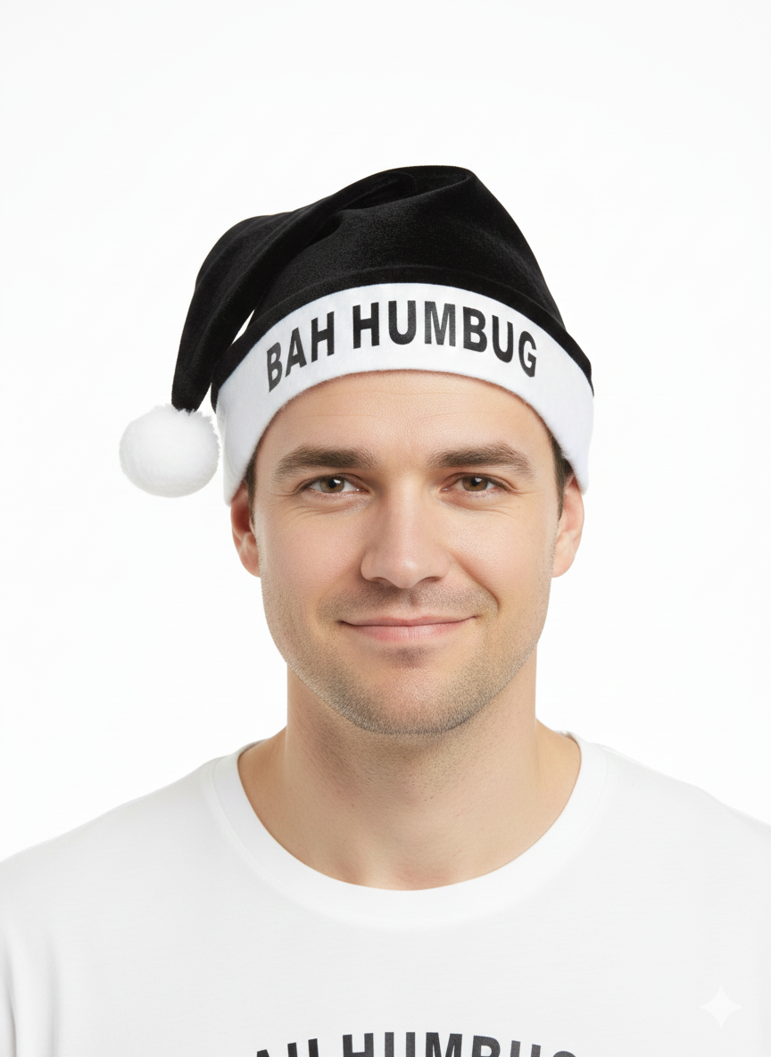 Bah Humbug Christmas Hat for Adults – Funny Novelty Festive Santa Hat – Soft Black & White Xmas Costume Accessory for Parties, Work Events, Office Dress-Up & Gifting