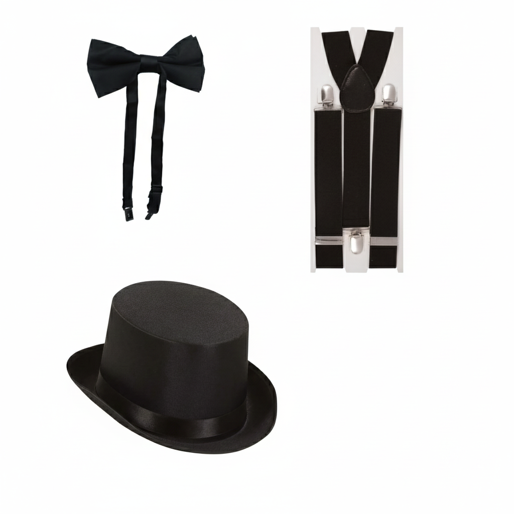 Black Bow Tie, Black Satin Top Hat & Black Braces Costume Set