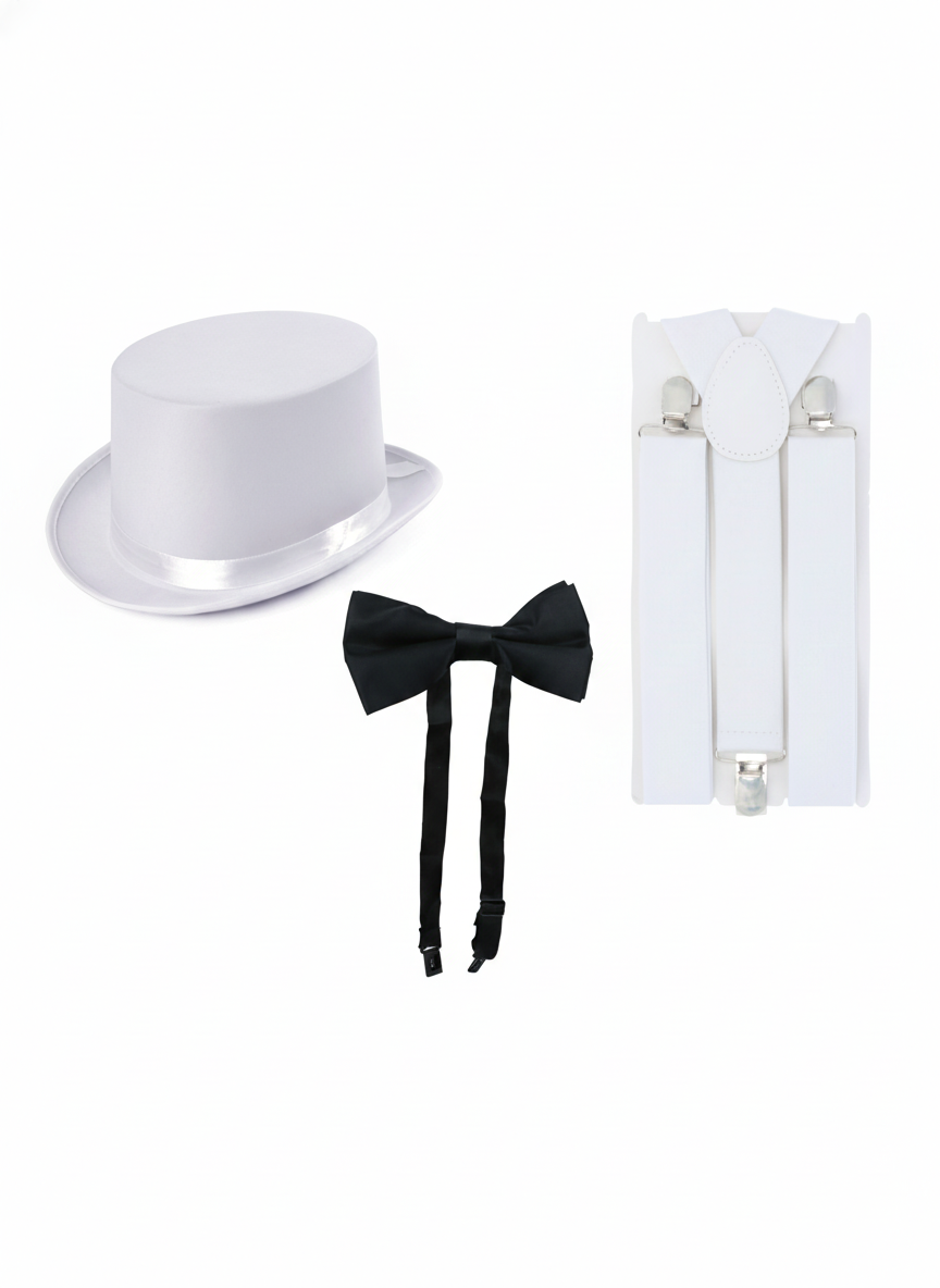 Black Bow Tie, White Satin Top Hat & White Braces Costume Set