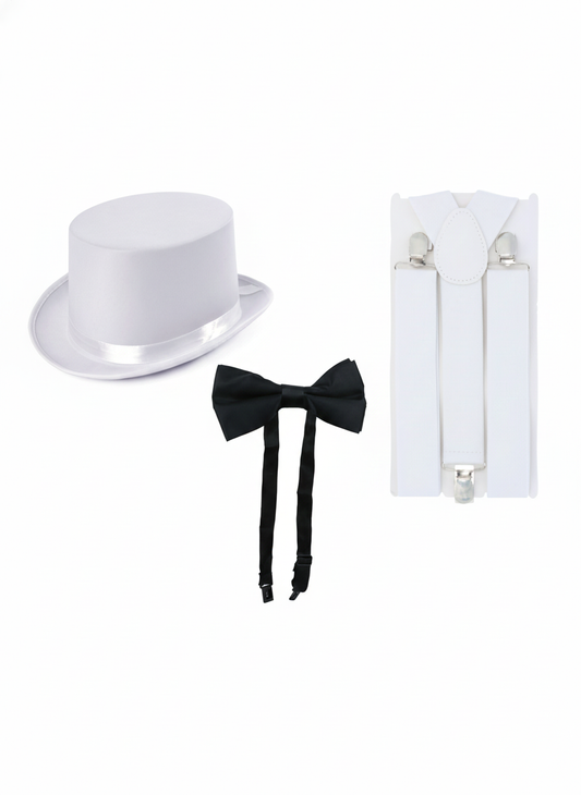 Black Bow Tie, White Satin Top Hat & White Braces Costume Set