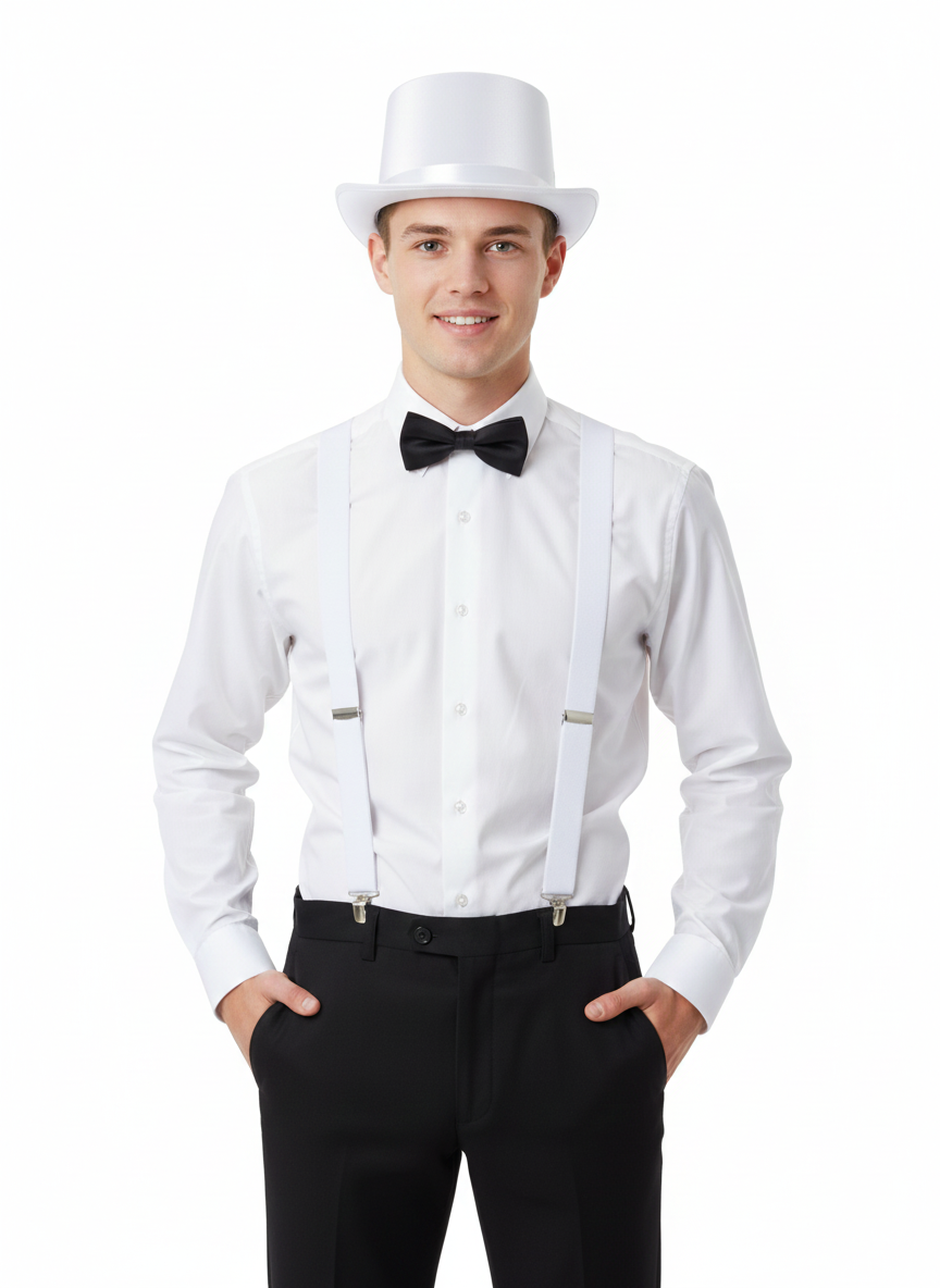Black Bow Tie, White Satin Top Hat & White Braces Costume Set