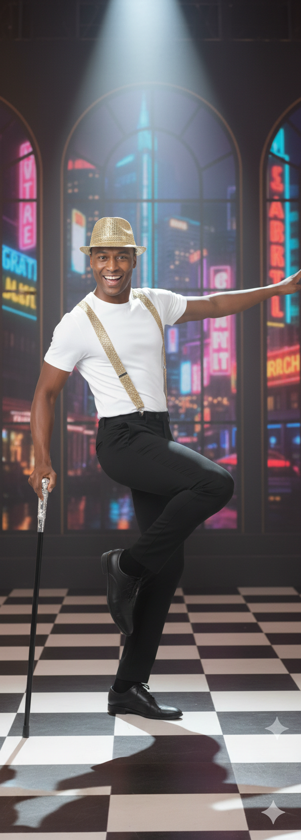 labreeze Gold Sequin Gangster Hat with Matching Braces and Silver Pimp Stick – Adult Christmas Fancy Dress Accessory Set