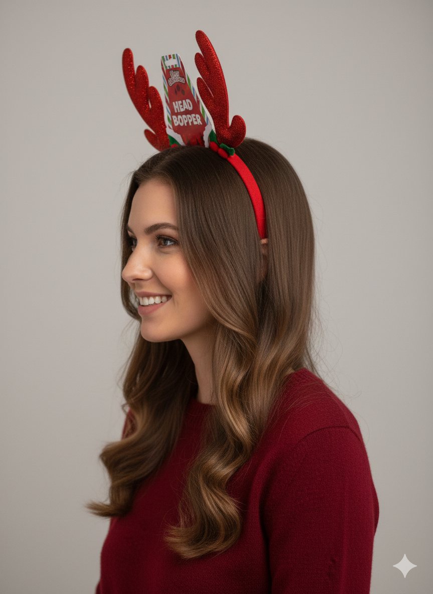 Christmas Glitter Reindeer Head Bopper – 16cm x 24cm Novelty Festive Antler Headband for Adults & Kids – 2 Assorted Designs Christmas Party Accessory