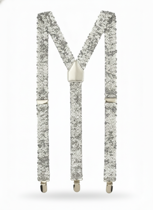 Labreeze Pack of 3 Silver Sequin Braces – Adjustable Sparkly Suspenders for Adults & Teens