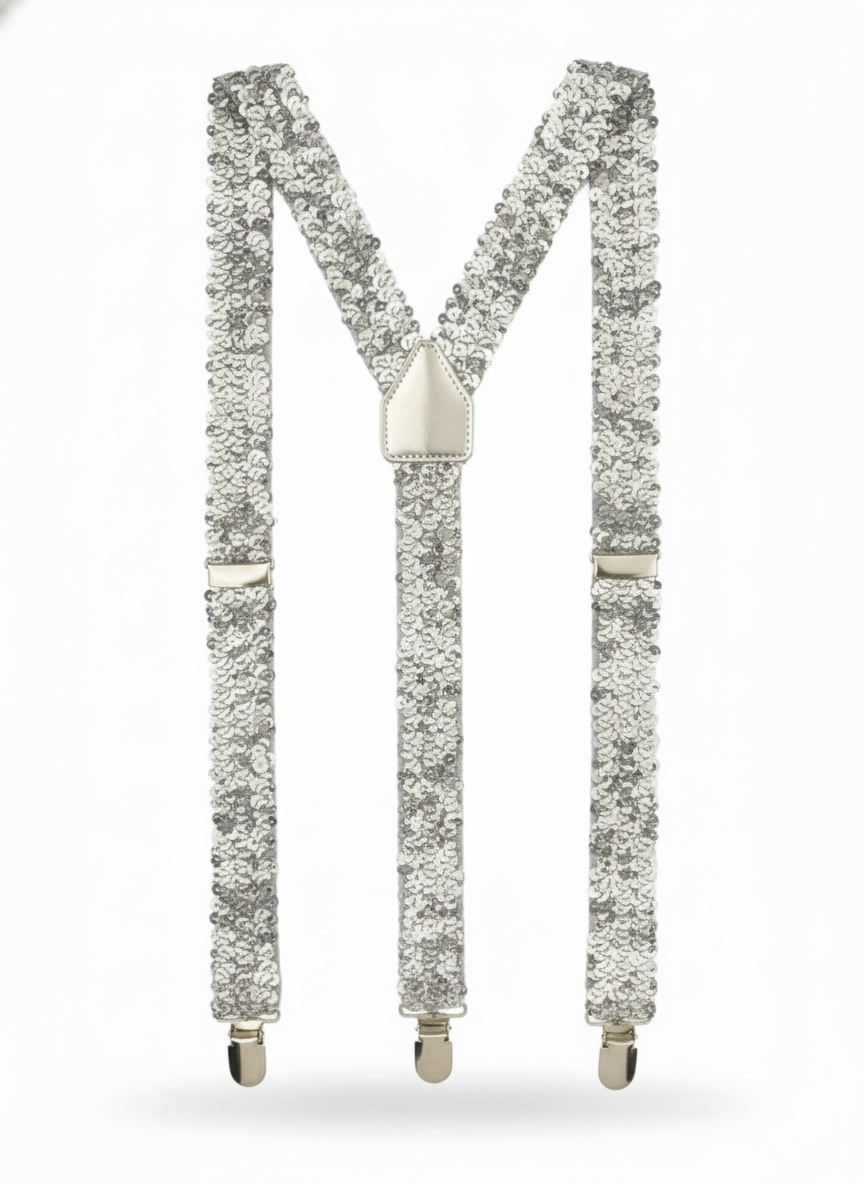 labreeze Silver Sequin Gangster Hat with Matching Braces and Decorative Top Cane – Adult Christmas Fancy Dress Accessory Set