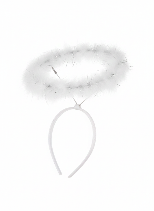 Fluffy White Angel Halo Headband with Sparkling Tinsel – Adult Fancy Dress Accessory