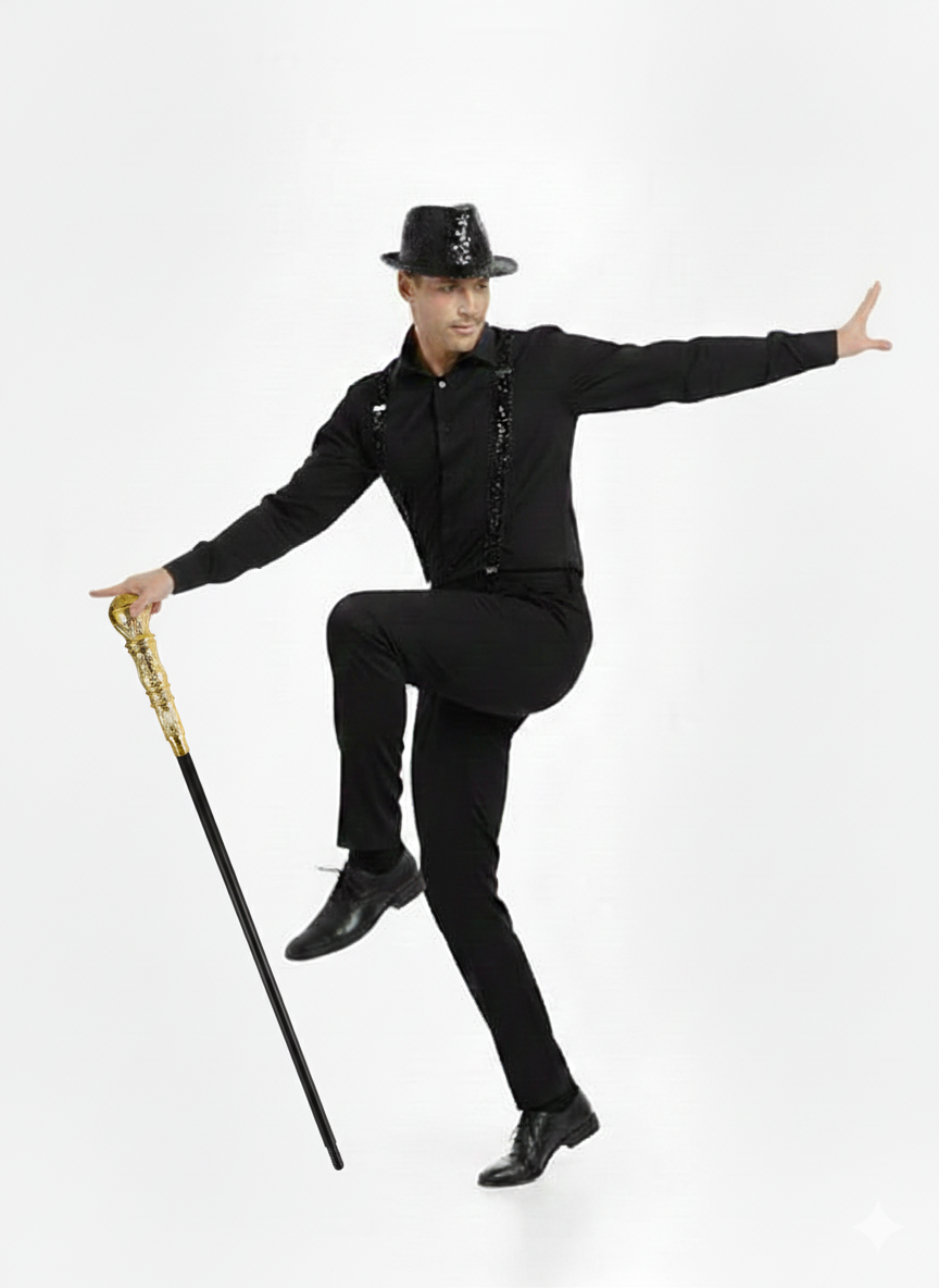 labreeze Black Sequin Gangster Hat with Matching Braces and Gold Pimp Stick – Adult Christmas Fancy Dress Accessory Set