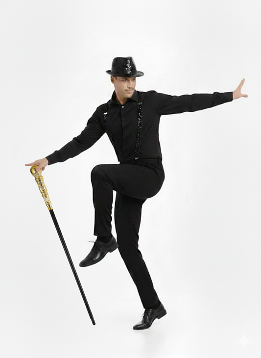 labreeze Black Sequin Gangster Hat with Matching Braces and Gold Pimp Stick – Adult Christmas Fancy Dress Accessory Set