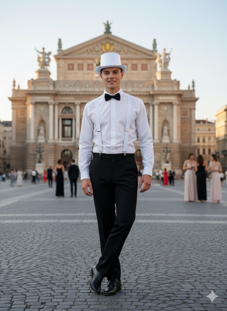 Black Bow Tie, White Satin Top Hat & White Braces Costume Set