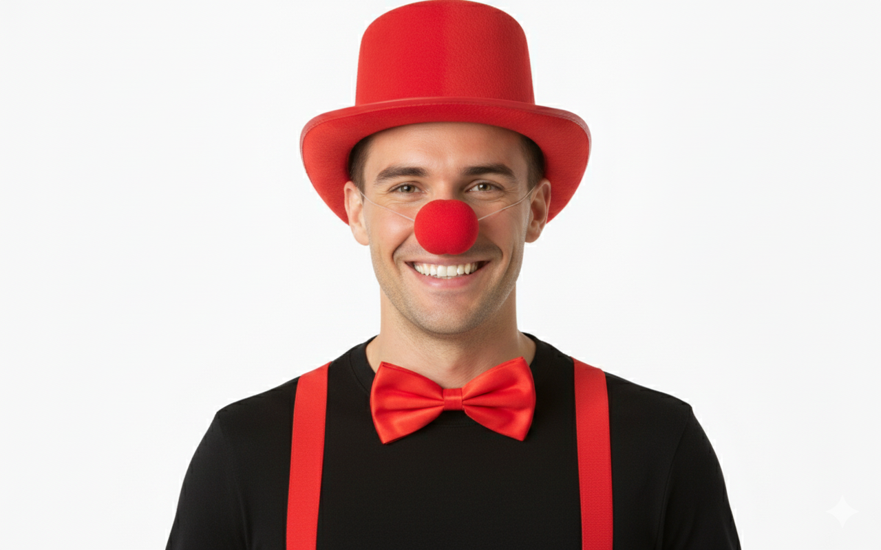 Red Nose Day Red Satin Hat, Braces, Nose & Bow Tie Costume Set