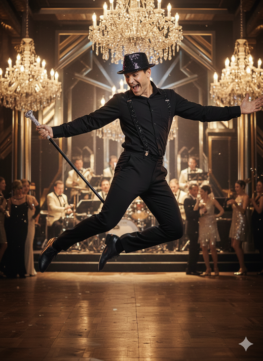 labreeze Black Sequin Gangster Hat with Matching Braces and Silver Pimp Stick – Adult Christmas Fancy Dress Accessory Set