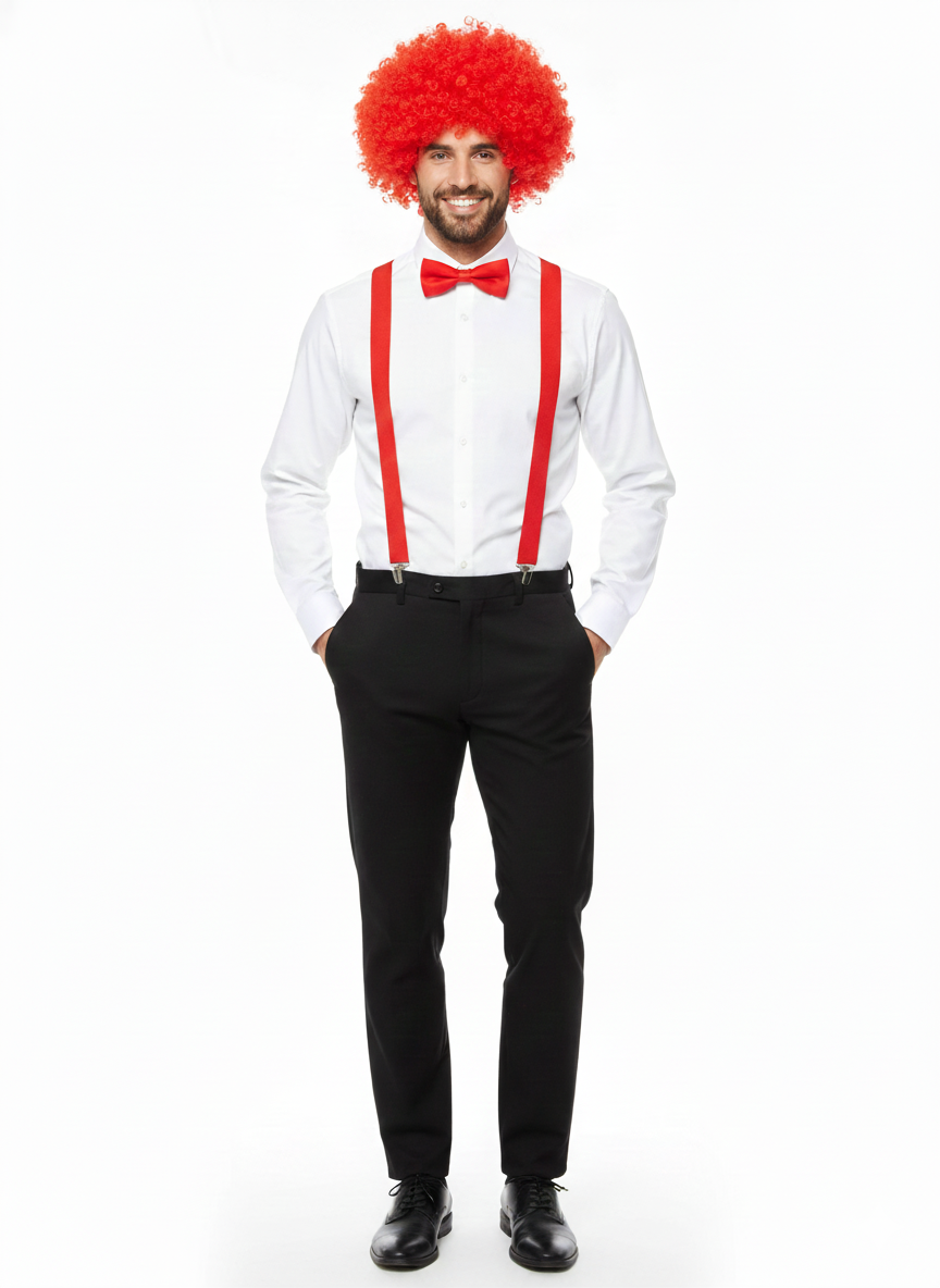 Curly Red Clown Afro Wig, Red Braces & Red Bow Tie Costume Set for Adults