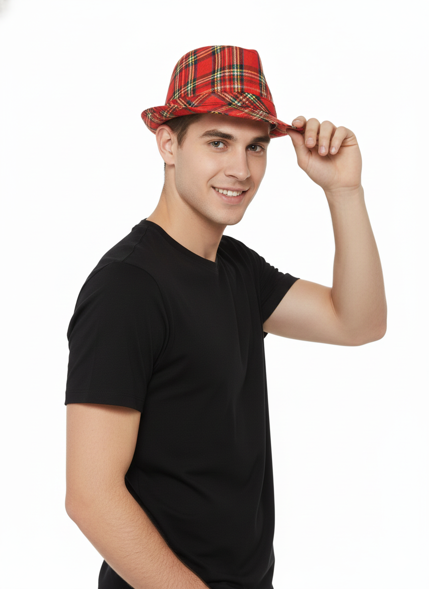 Adult Tartan Scottish Trilby Gangster Hat – Burns Night Fancy Dress Accessory