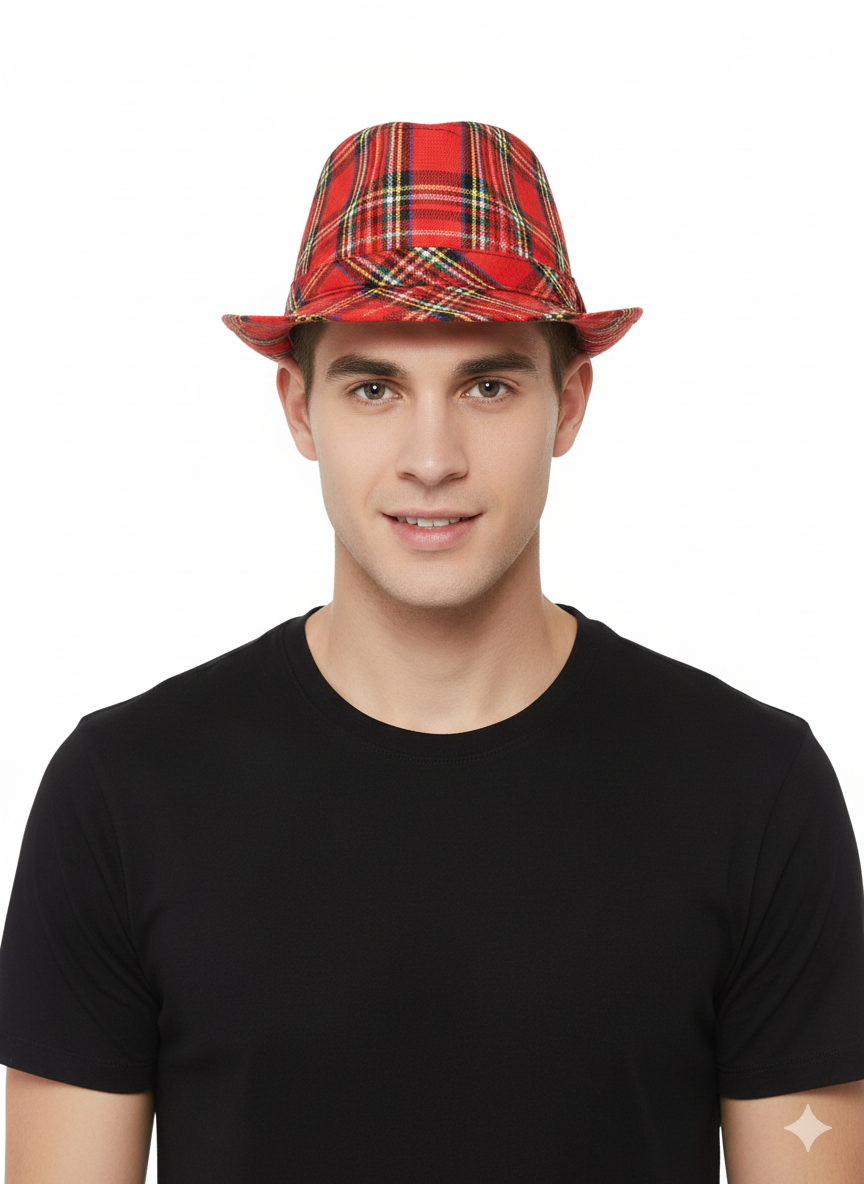 Adult Tartan Scottish Trilby Gangster Hat – Burns Night Fancy Dress Accessory