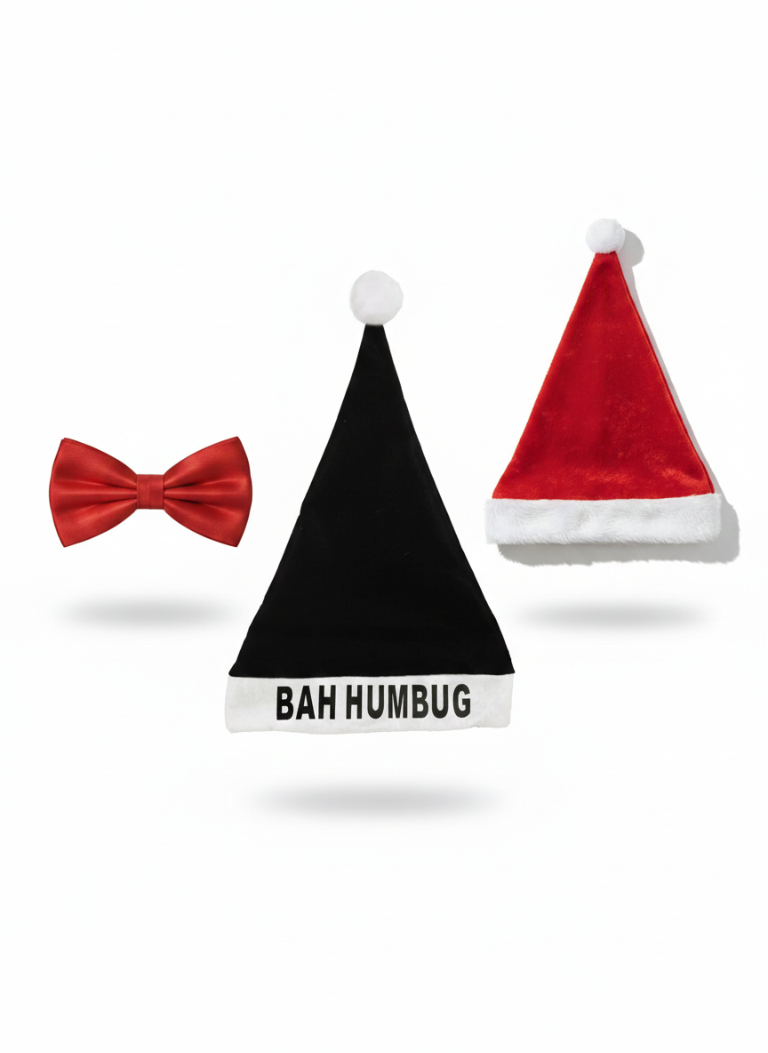Labreeze Couples Christmas Set with Bah Humbug Hat, Santa Hat and Red Bow Tie – Festive Holiday Costume Accessories