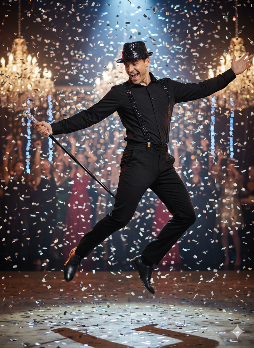labreeze Black Sequin Gangster Hat with Matching Braces and Silver Pimp Stick – Adult Christmas Fancy Dress Accessory Set