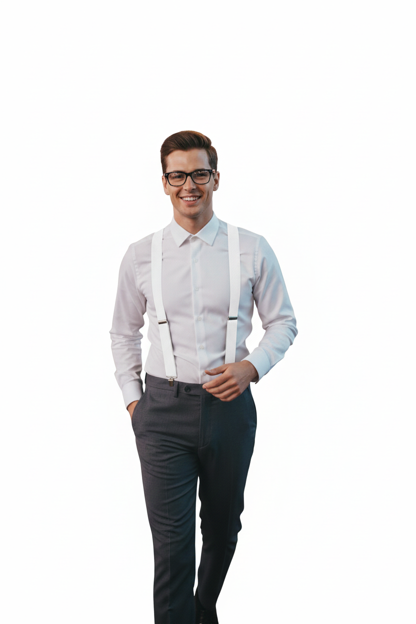 White Plain Braces 2.5 cm – Adult Adjustable Suspenders for Fancy Dress & Everyday Wear