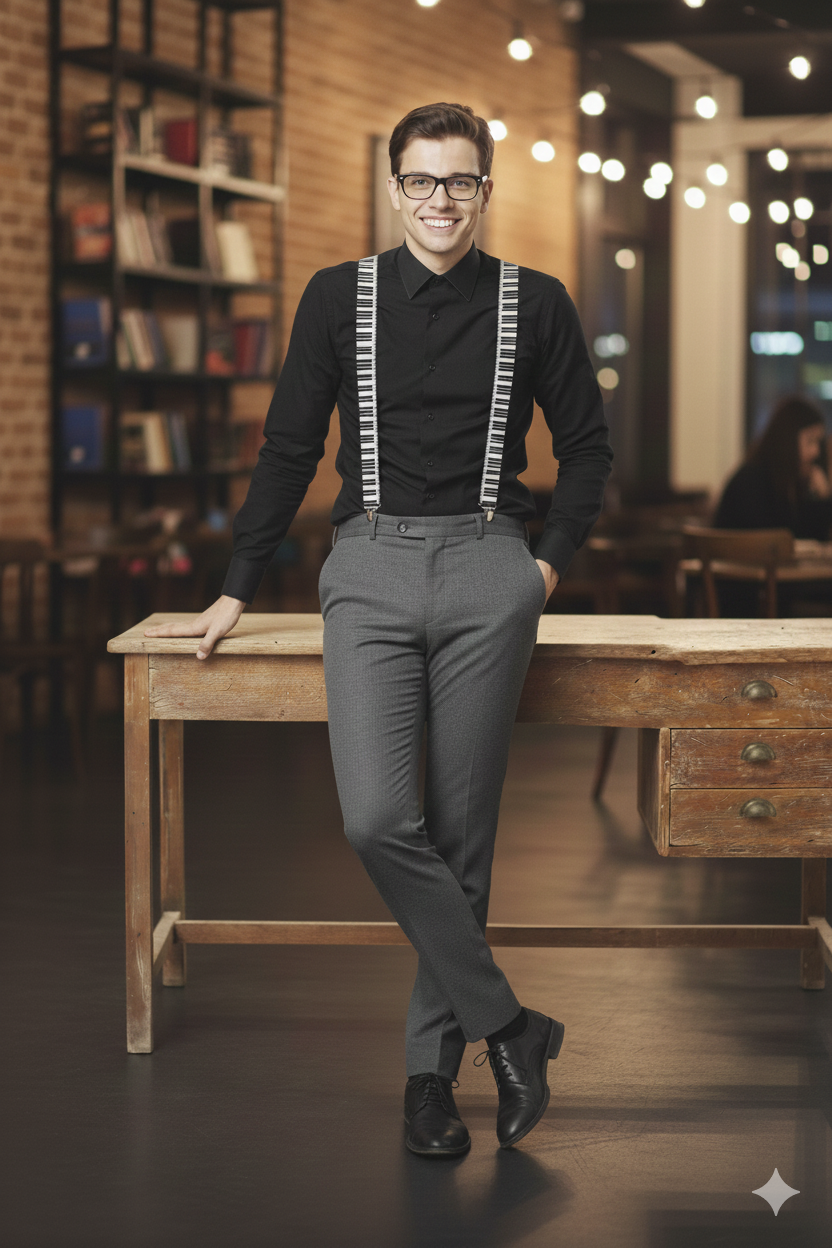 Black and White Piano Printed Braces 2.5 cm – Adult Adjustable Novelty Suspenders