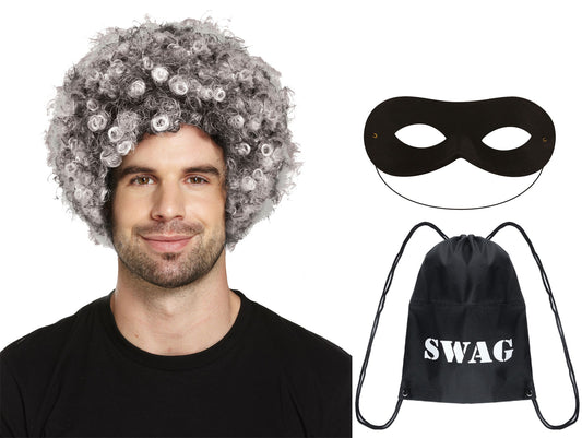 rey Afro Wig, Black Domino Eye Mask, and Swag Bag with Print - Costume Accessories Set