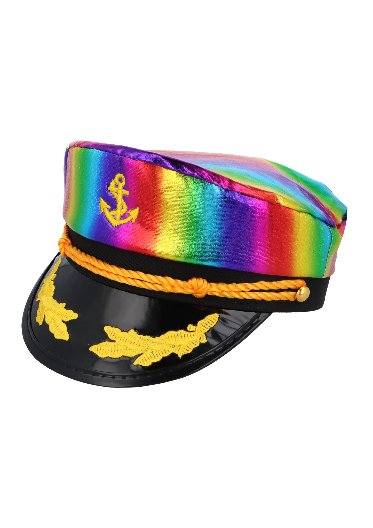 Shiny rainbow Pride sailor captain hat with black peak