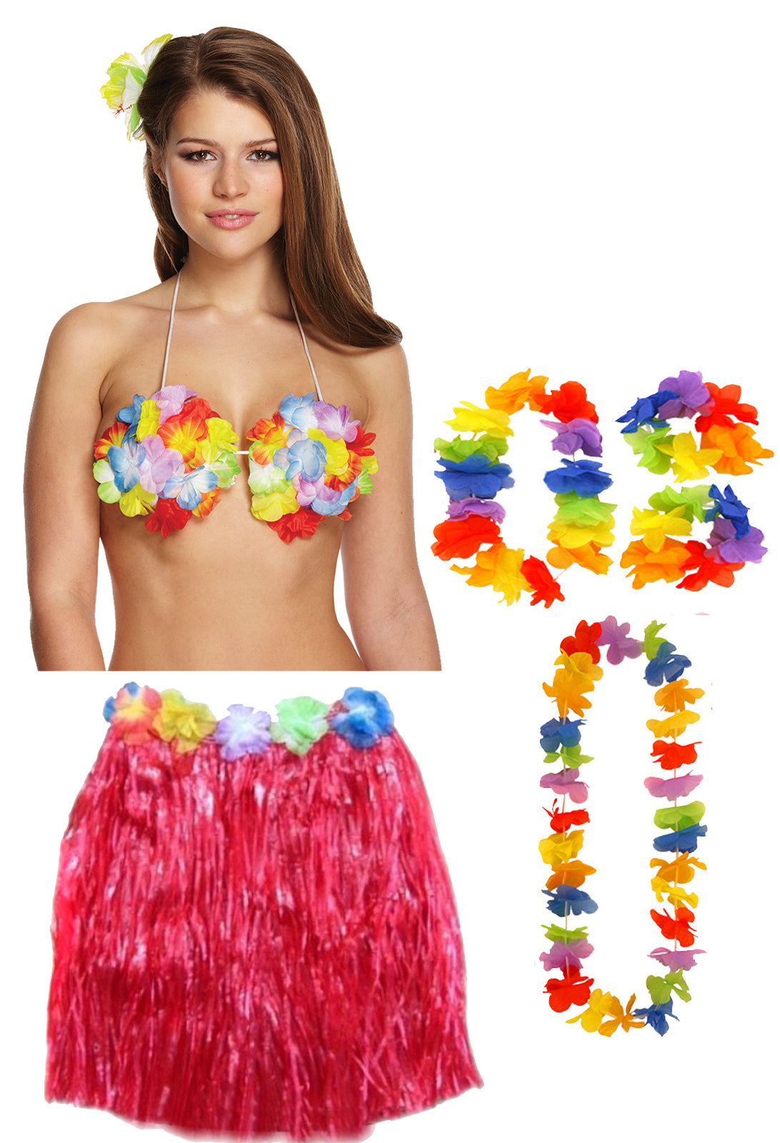 Hula Grass Skirt 40 Cm with Flower Bra Ladies Girls Hawaiian Summer Beach Party Fancy Dress Costume Set