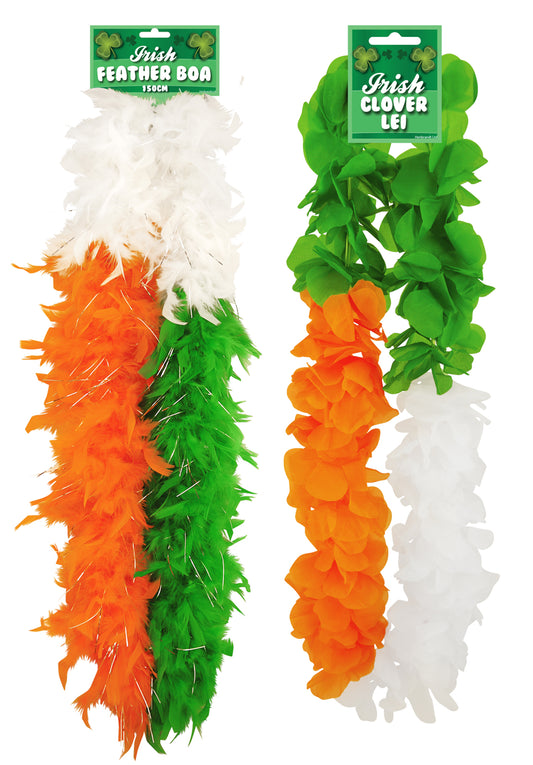 Irish Tricolour Feather Boa with Tinsel 150 Cm & Irish Hula Lei 100 Cm St Patrick’s Day Party Fancy Dress Set