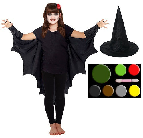 Children's Bat Cape, Witch Hat, and Makeup Set - Halloween Costume for Kids with Playful Dress-Up Accessories and Spooky Fun Face Paint