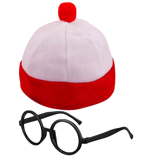 Children's Red and White Wally Hat with Schoolboy Wizard Glasses - Magical Costume Accessories Set