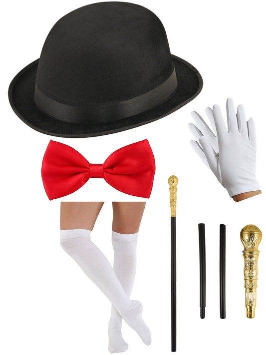 Classic Black Bowler Hat with Gold Cane, White Gloves, Socks & Red Bow Tie - Complete Vintage Ensemble for Timeless Style