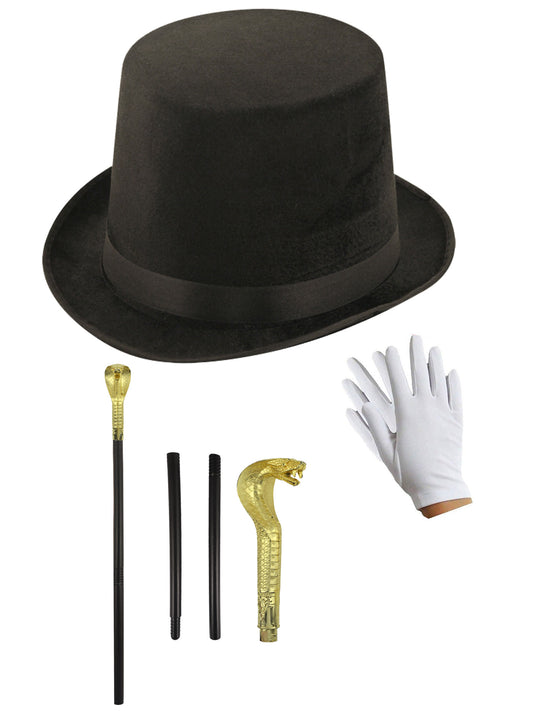 Lincoln Style Black Velour Hat with Snake Head Sceptre & White Gloves - Complete Costume Set for Adults