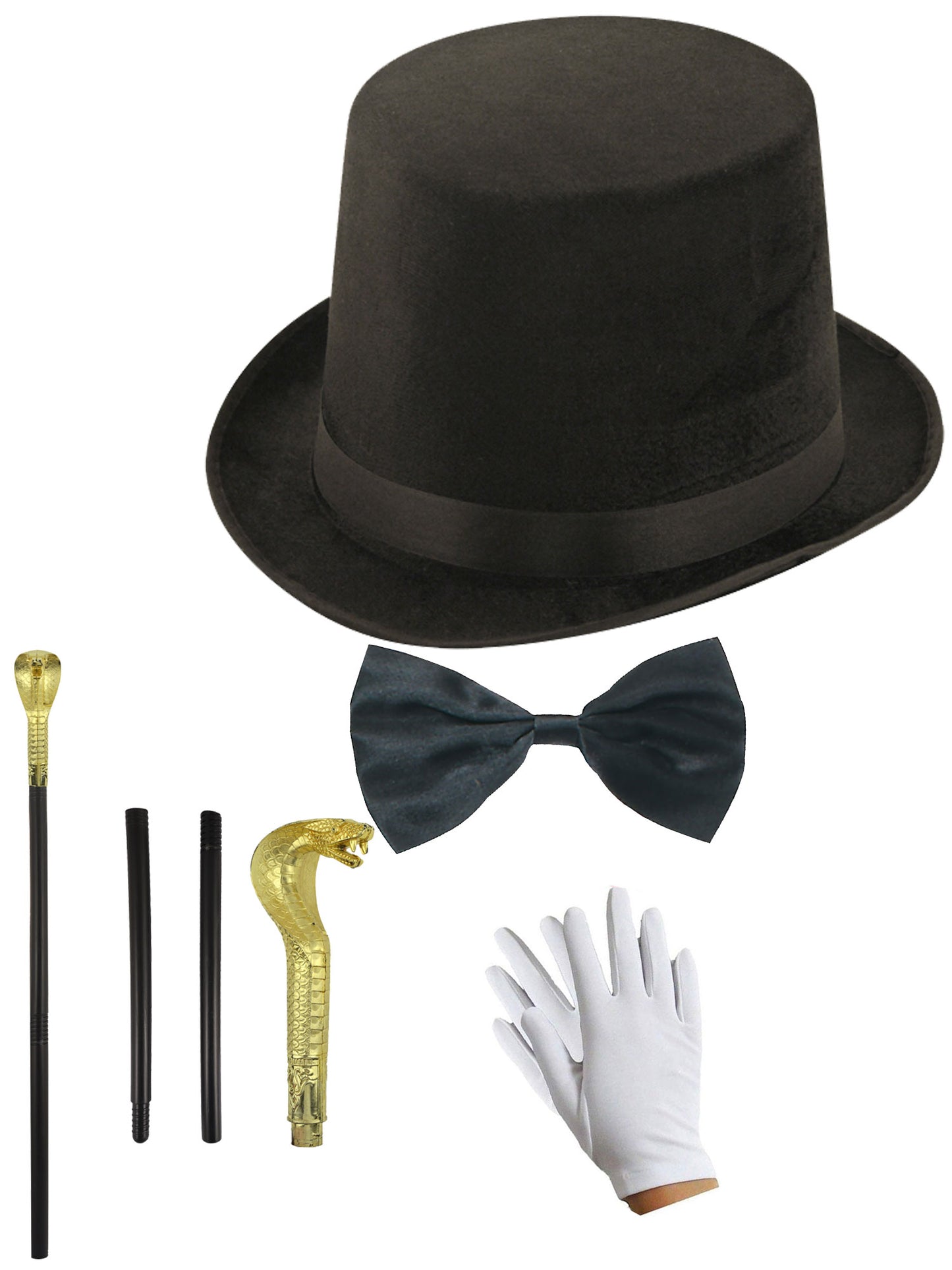 Lincoln Style Black Velour Hat with Snake Cane, White Gloves & Black Bow Tie - Complete Costume Set for Adults