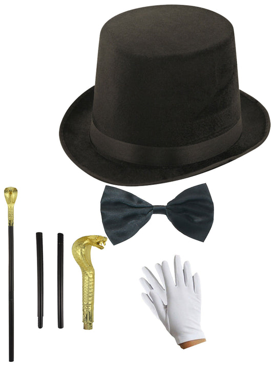 Lincoln Style Black Velour Hat with Snake Cane, White Gloves & Black Bow Tie - Complete Costume Set for Adults