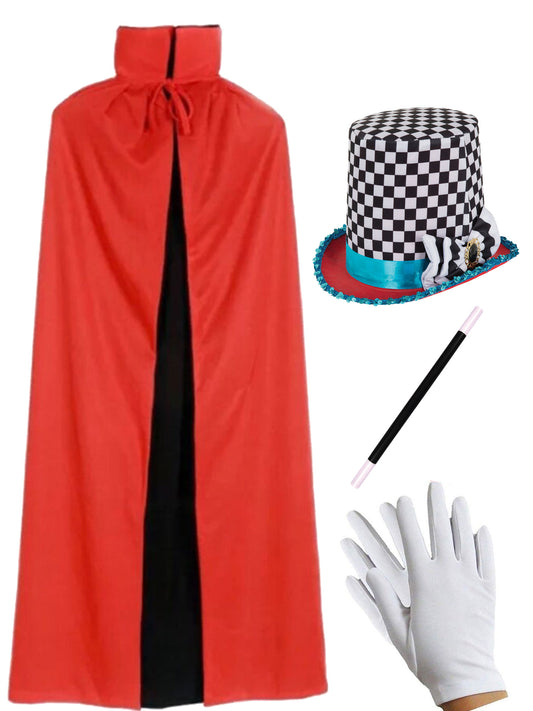 Mad Hatter Chequered Hat & Reversible Cape Set with Magic Wand (26.5cm) & White Gloves - Perfect for Cosplay