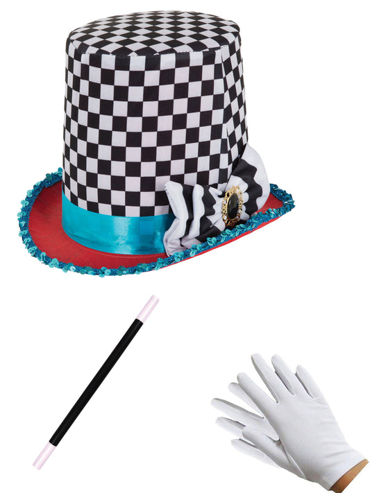 Mad Hatter Chequered Hat with 26.5cm Magic Wand and White Gloves - Complete Wonderland Costume Set