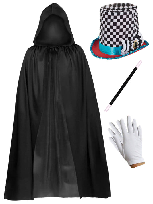 Complete Costume Set: Unisex Black Satin Hooded Cape, Chequered Storybook Hatter Chequered Hat, Magic Wand (26.5cm), White Gloves - Perfect for Cosplay
