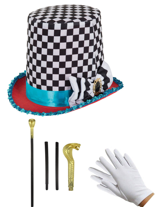 Mad Hatter Chequered Hat Set with Snake Head Sceptre & White Gloves - Complete Wonderland Costume Ensemble