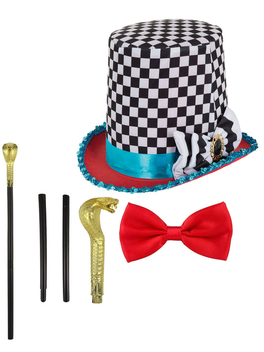 Mad Hatter Chequered Hat Set with Snake Head Sceptre, Red Bow Tie - Complete Costume Ensemble for Whimsical Adventures