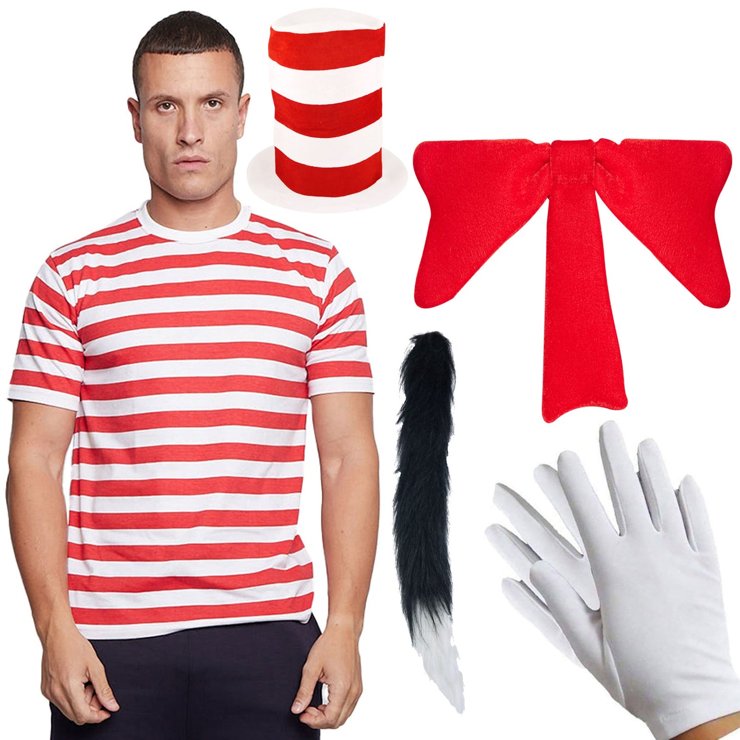 Labreeze Cat in the Hat 5-Piece Set – Red & White T-Shirt, Hat, Gloves, Bow Tie & Tail – World Book Day & World Book Week Fancy Dress Costume