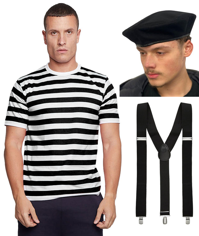 Labreeze Men's Black & White Striped T-Shirt, Beret Hat & Braces – World Book Day & World Book Week Fancy Dress Costume