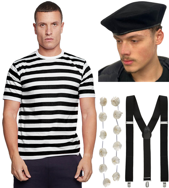 Labreeze Men's Black & White Striped T-Shirt, Beret Hat, Garlic & Braces – World Book Day & World Book Week Fancy Dress Costume