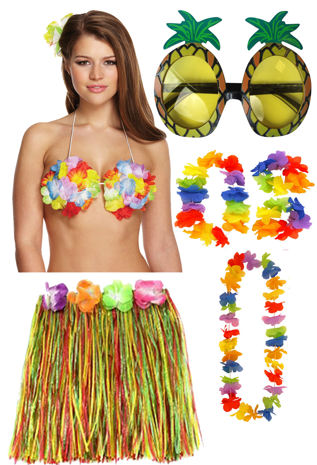 Hula Grass Skirt Flower Bra 4 Pcs Lei Set Pineapple Glasses Ladies Hawaiian Hula Fancy Dress Party Costume