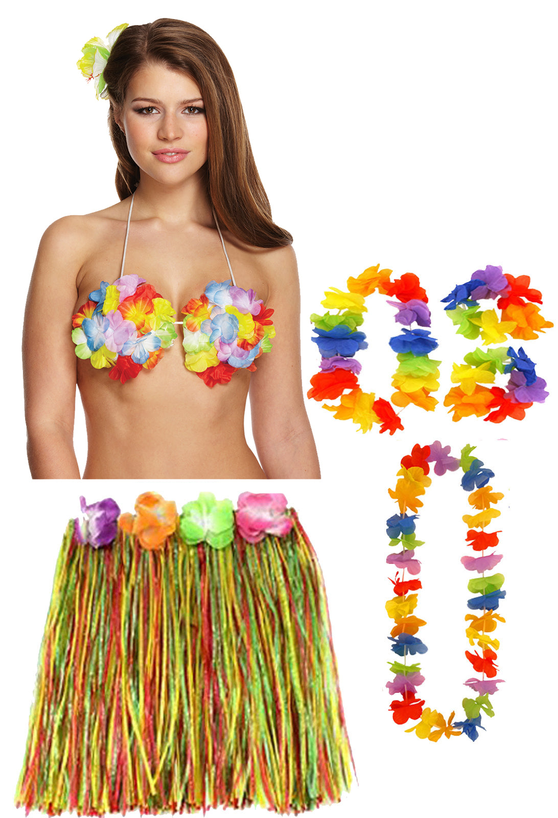 Hula Grass Skirt 40 Cm with Flower Bra Ladies Girls Hawaiian Summer Beach Party Fancy Dress Costume Set