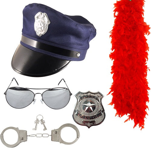 NYBD Costume Set with Red Feather Boa - Hat, Badge, Cuff, Glasses, - Complete Stylish Ensemble for Themed Events and Parties
