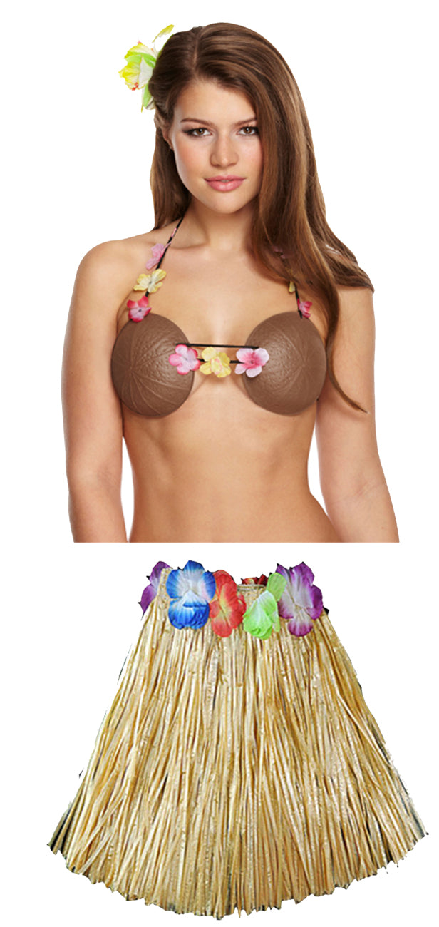 Hula Grass Skirt Plastic Brown Coconut Bra Ladies Girls Hawaiian Hula Beach Party Fancy Dress Costume