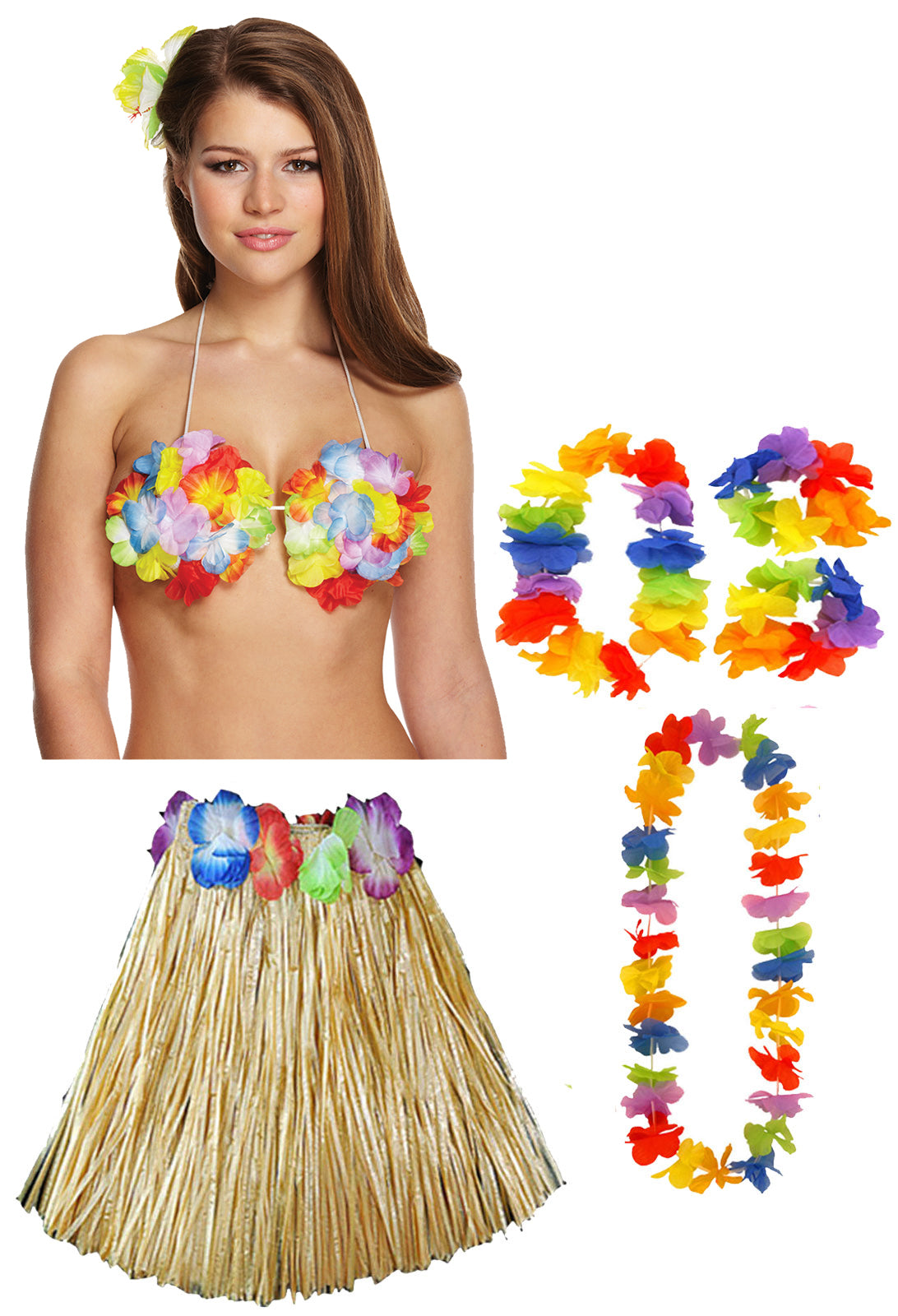 Hula Grass Skirt 40 Cm with Flower Bra Ladies Girls Hawaiian Summer Beach Party Fancy Dress Costume Set