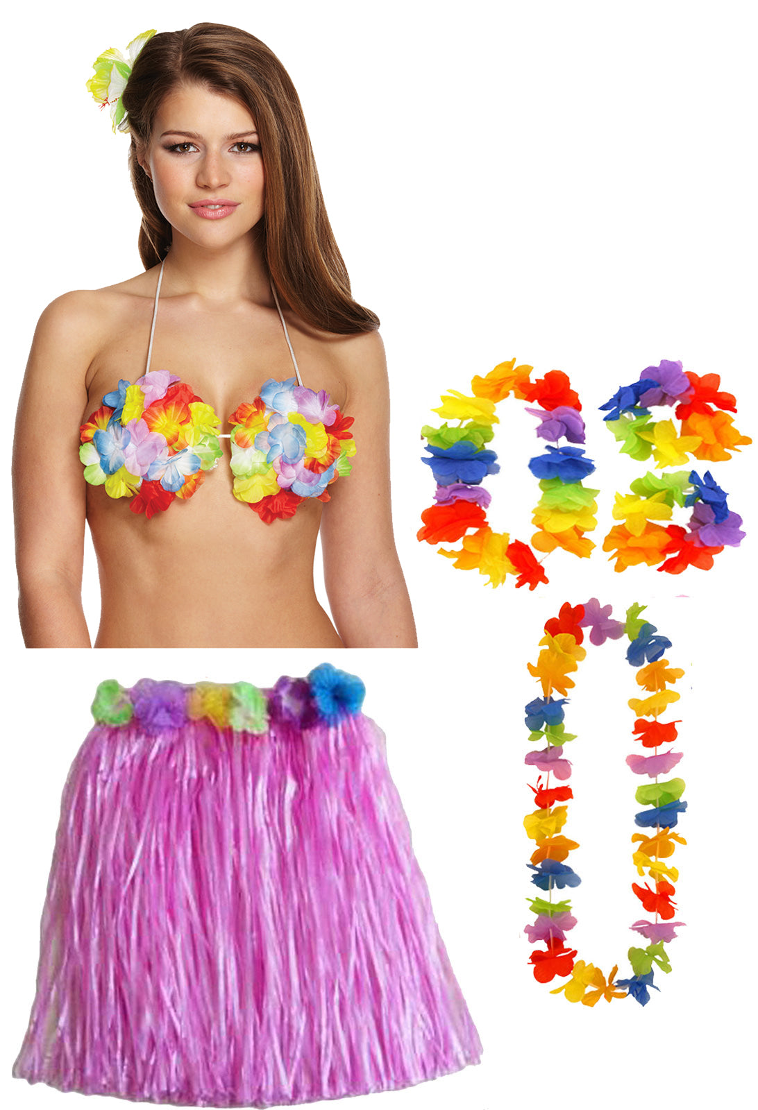 Hula Grass Skirt 40 Cm with Flower Bra Ladies Girls Hawaiian Summer Beach Party Fancy Dress Costume Set