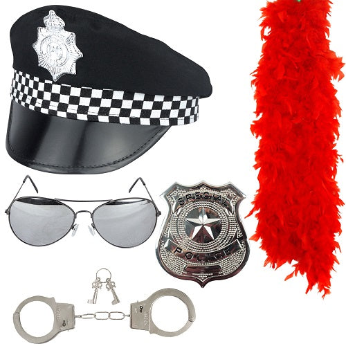 Adult Policeman Costume Set with Red Feather Boa - Hat, Cuffs, Glasses, Badge for a Stylish Law Enforcement Look